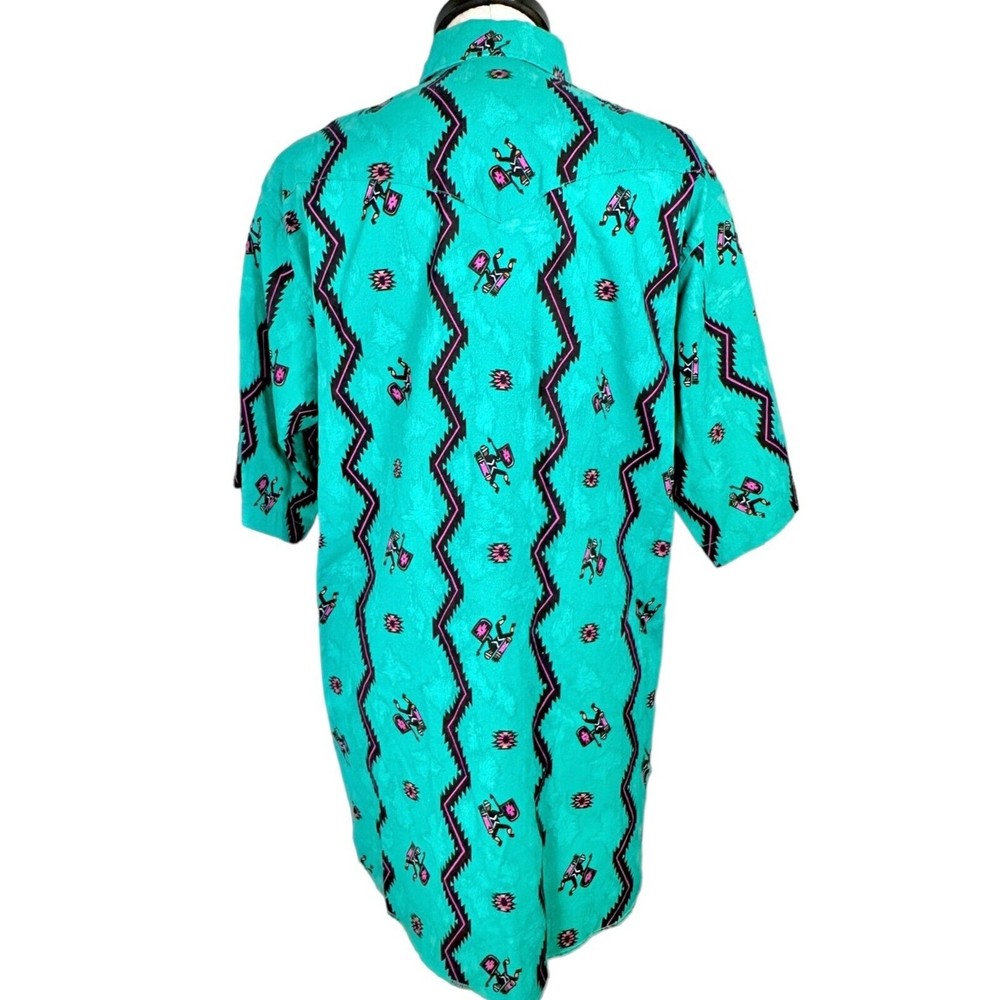 Vintage Wrangler Western Shirt Aztec Teal Cowboy Cut X-Long Tails Men's 17 - Picture 5 of 13